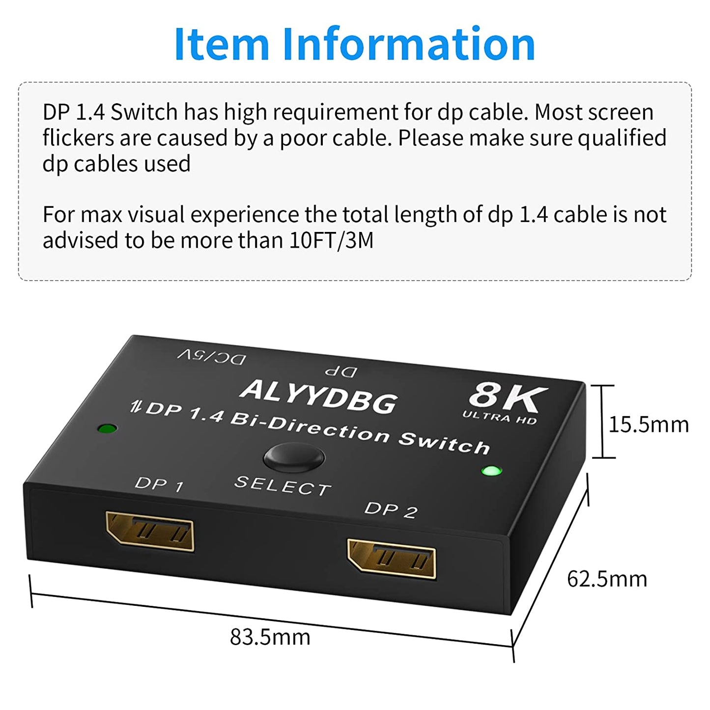 Displayport 1.4 Switch Plus 2 pcs 8K DP 1.4 Cables, ALYYDBG Bi-Directional DP 1.4 Switcher Supports 8K@60hz 4K@120hz 2K@144hz for Dual DP Sources or Displays