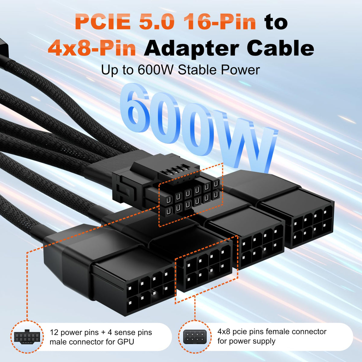 12vhpwr Cable, 600W 16 Pin Male to 4x8 Pin Female GPU Cable by ALYYDBG