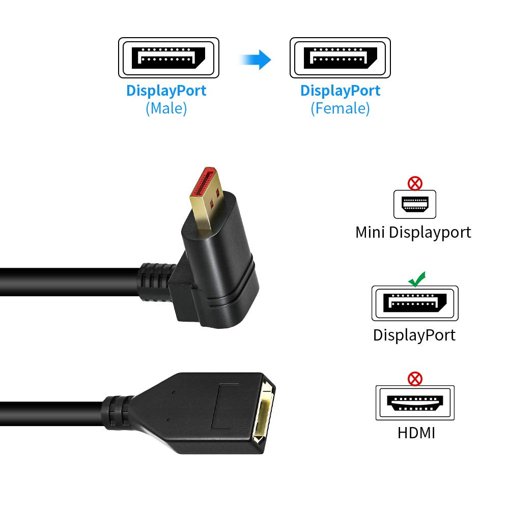 ALYYDBG Right Angle Displayport 1.4 Cable, Male to Male Corner DP 1.4 Cable Support 8K/60Hz, 4K@144Hz for DP Interface. 6FT/1.8M