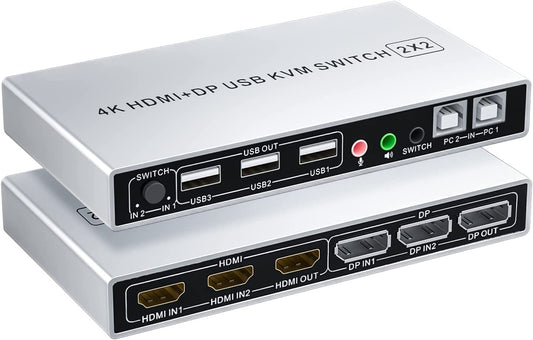 DP Plus HDMI KVM Switch for 2 Computers in 2 Monitors Out, ALYYDBG 4k@60hz Dual Monitor KVM Switch Support HDMI + DP in to HDMI + DP Out