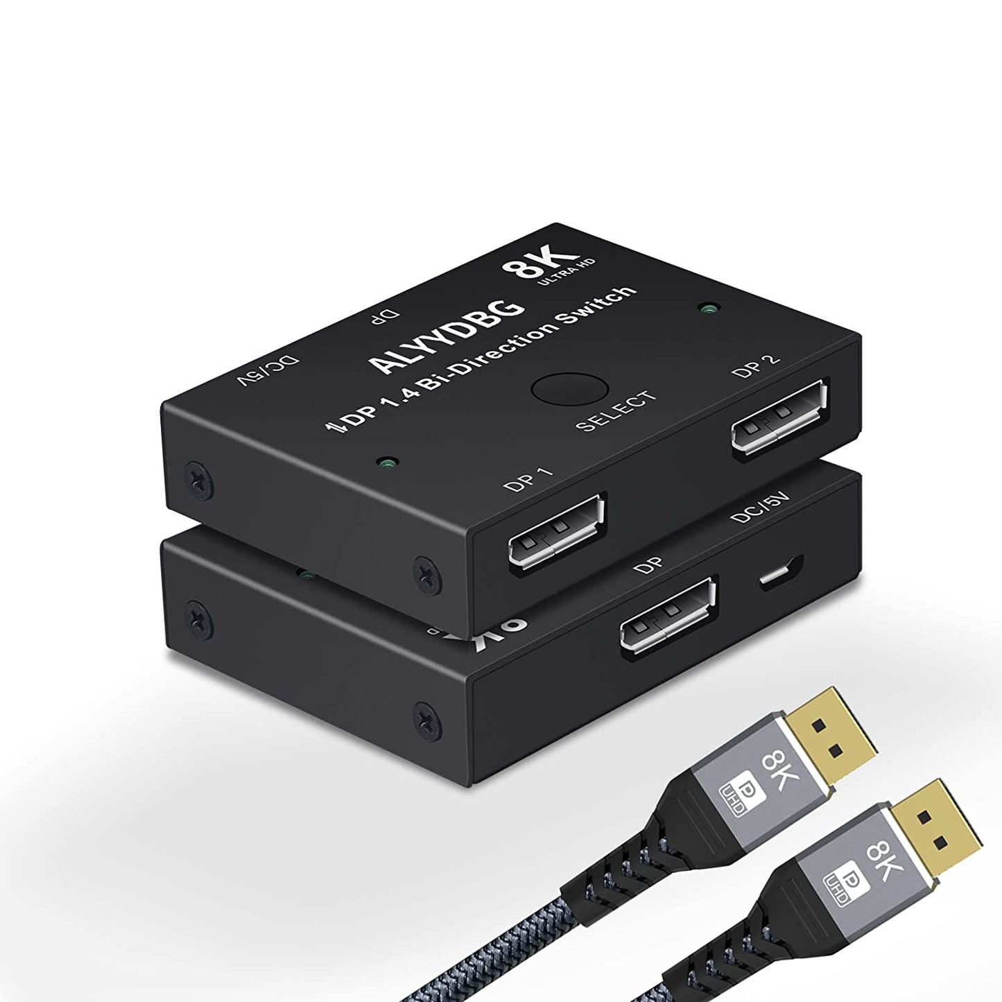 Displayport 1.4 Switch Plus 2 pcs 8K DP 1.4 Cables, ALYYDBG Bi-Directional DP 1.4 Switcher Supports 8K@60hz 4K@120hz 2K@144hz for Dual DP Sources or Displays