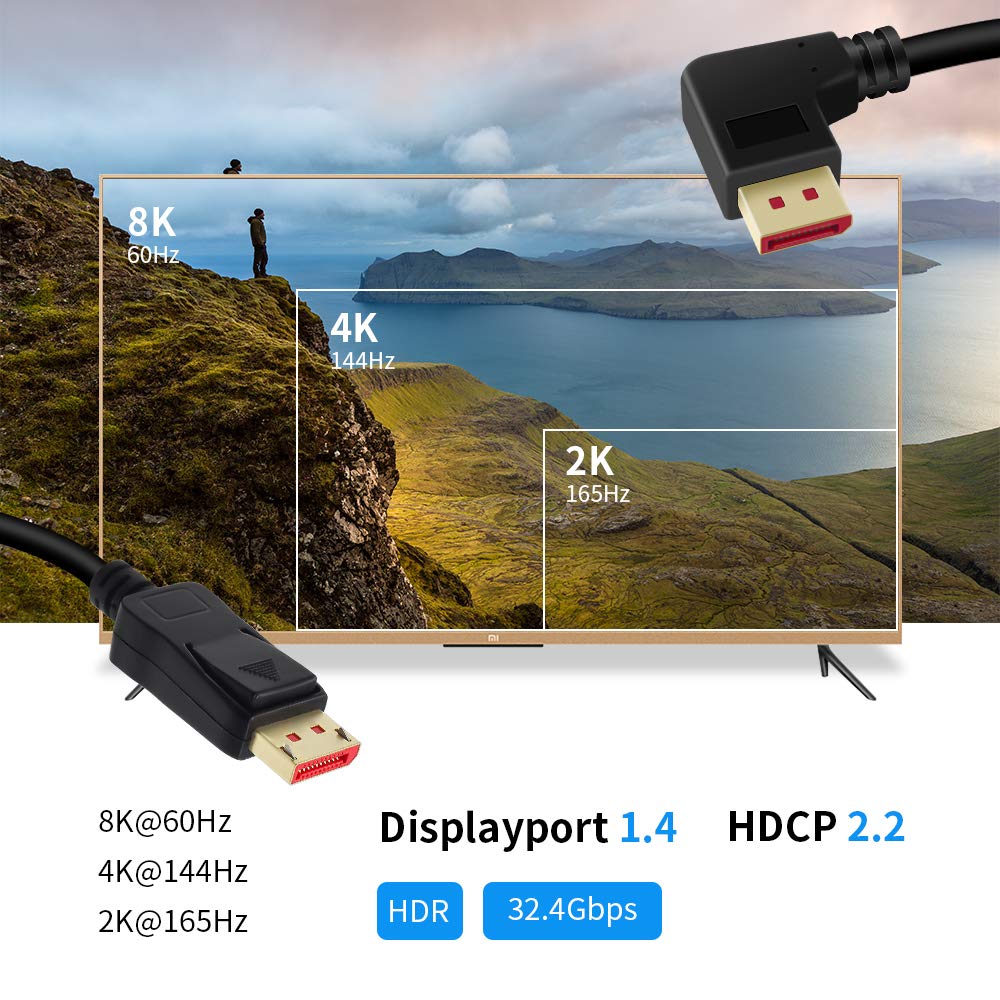 ALYYDBG Right Angle Displayport 1.4 Cable, Male to Male Corner DP 1.4 Cable Support 8K/60Hz, 4K@144Hz for DP Interface. 6FT/1.8M