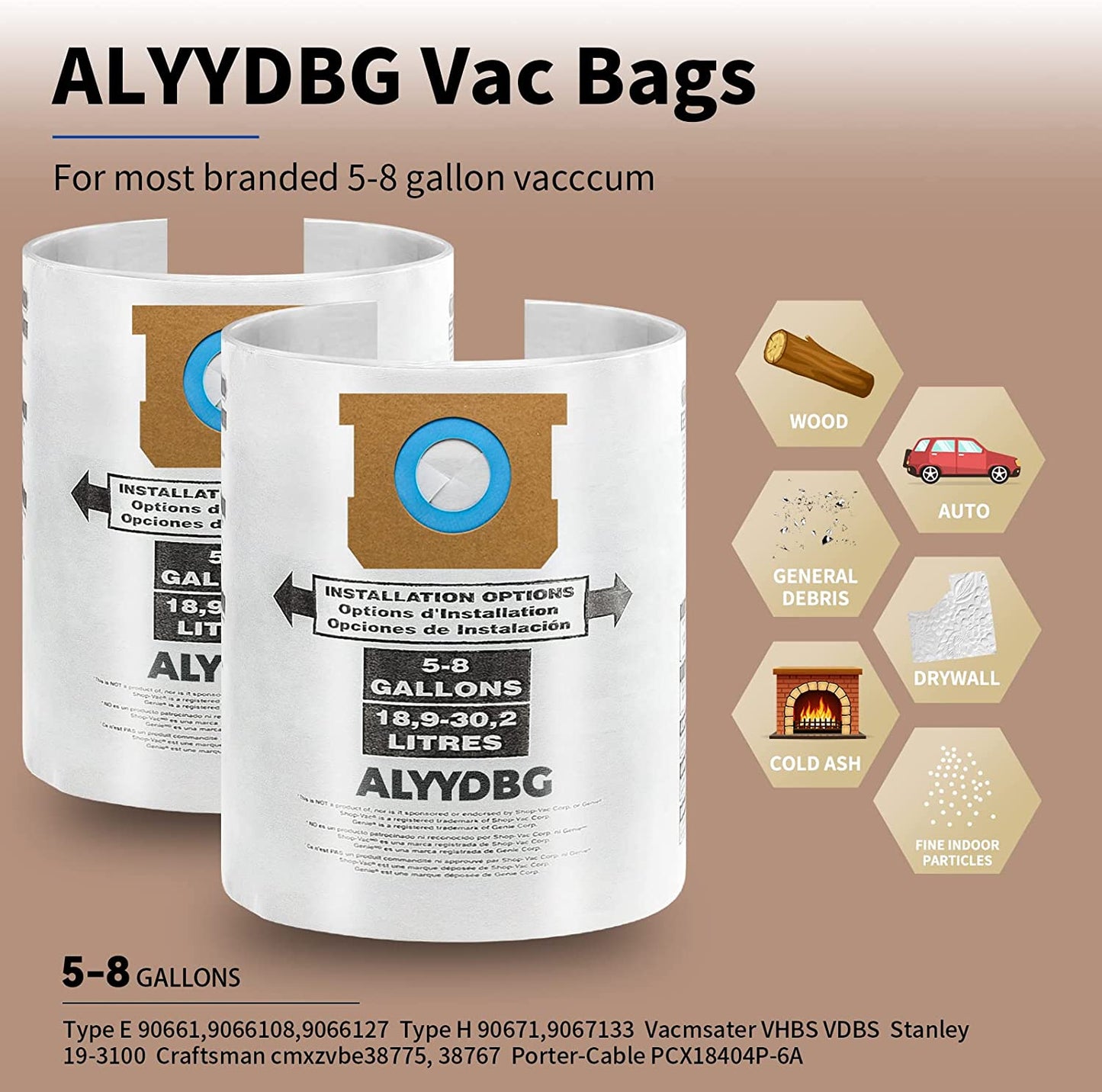 ALYYDBG for Shop Vac Bags 5-8 Gallon, Type E 90661 9066133, Type H 90671 9067133; VF2004, VHBS VDBS, High- Efficiency Disposable Vaccum Collection Filter Bags
