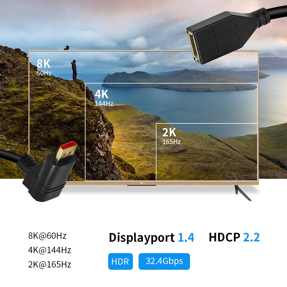 ALYYDBG Right Angle Displayport 1.4 Cable, Male to Male Corner DP 1.4 Cable Support 8K/60Hz, 4K@144Hz for DP Interface. 6FT/1.8M
