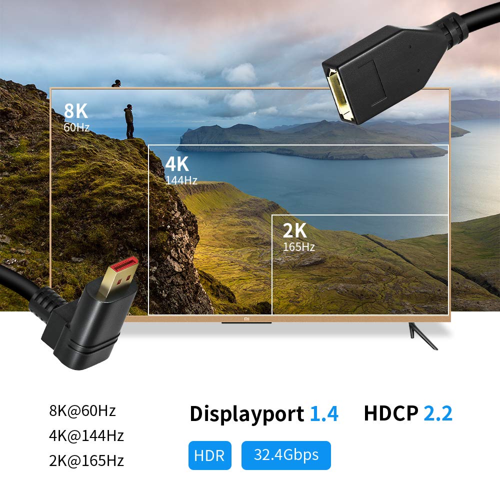 ALYYDBG Right Angle Displayport 1.4 Cable, Male to Male Corner DP 1.4 Cable Support 8K/60Hz, 4K@144Hz for DP Interface. 6FT/1.8M