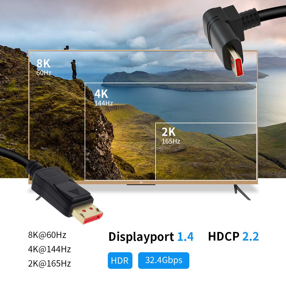 ALYYDBG Right Angle Displayport 1.4 Cable, Male to Male Corner DP 1.4 Cable Support 8K/60Hz, 4K@144Hz for DP Interface. 6FT/1.8M