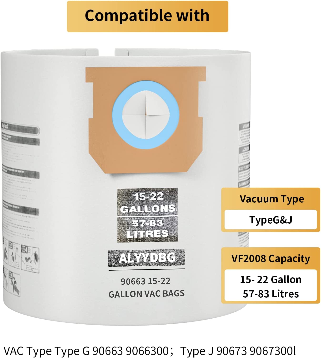 ALYYDBG Replacement for Shop Vac 15-22 Gallon Vac Dust Bags TYPE G 90663 9066300; TYPE J 90673 9067300, Part VF2008