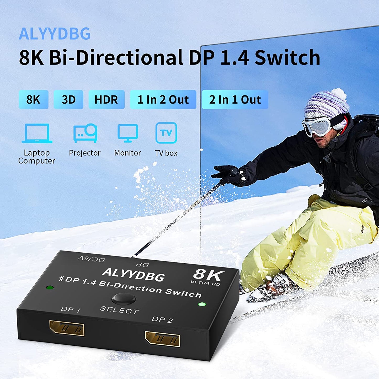 Displayport 1.4 Switch Plus 2 pcs 8K DP 1.4 Cables, ALYYDBG Bi-Directional DP 1.4 Switcher Supports 8K@60hz 4K@120hz 2K@144hz for Dual DP Sources or Displays