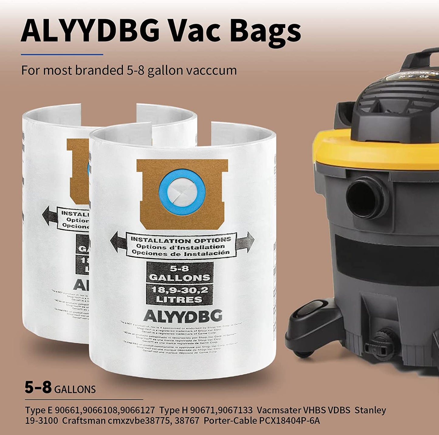 ALYYDBG for Shop Vac Bags 5-8 Gallon, Type E 90661 9066133, Type H 90671 9067133; VF2004, VHBS VDBS, High- Efficiency Disposable Vaccum Collection Filter Bags