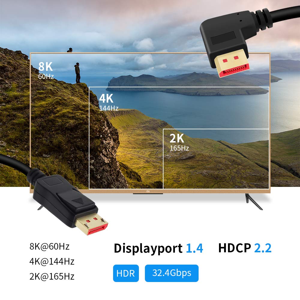 ALYYDBG Right Angle Displayport 1.4 Cable, Male to Male Corner DP 1.4 Cable Support 8K/60Hz, 4K@144Hz for DP Interface. 6FT/1.8M